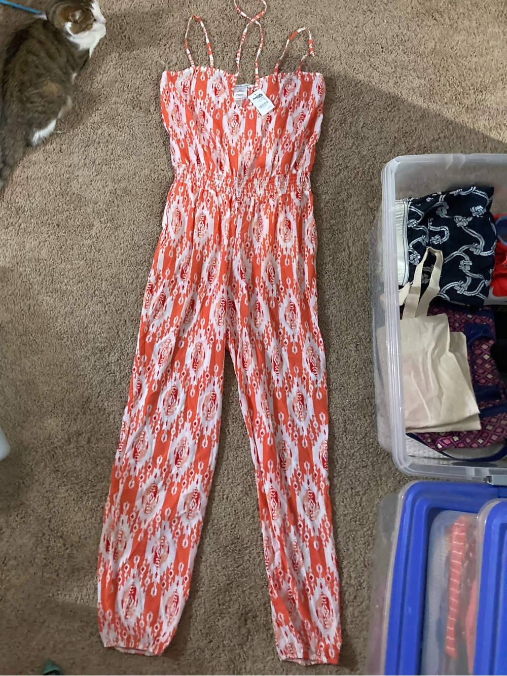 Charlotte Russe Coral and White Patterned Girls' One-Piece Jumpsuit
